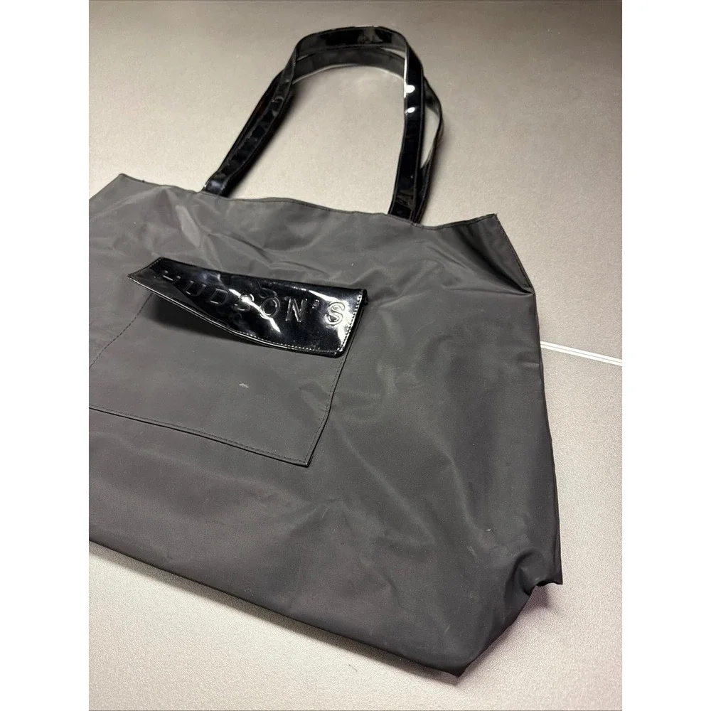 Hudson's Black Nylon Tote Bag Patent Trim Logo Shoulder Bag Large